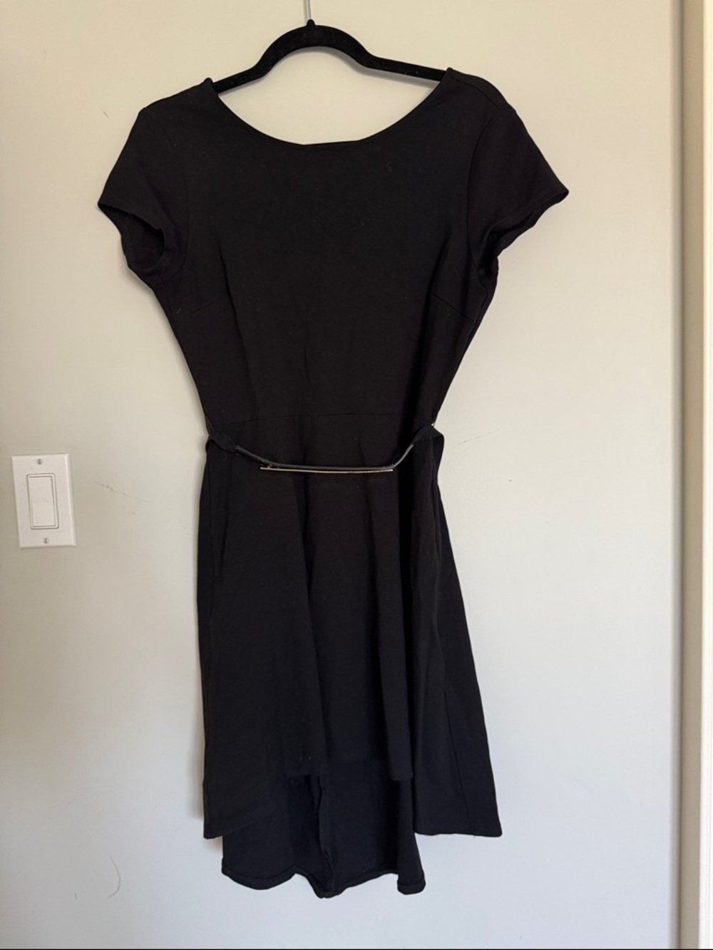 Black High-Low Cap Sleeve Dress with Waist Accent